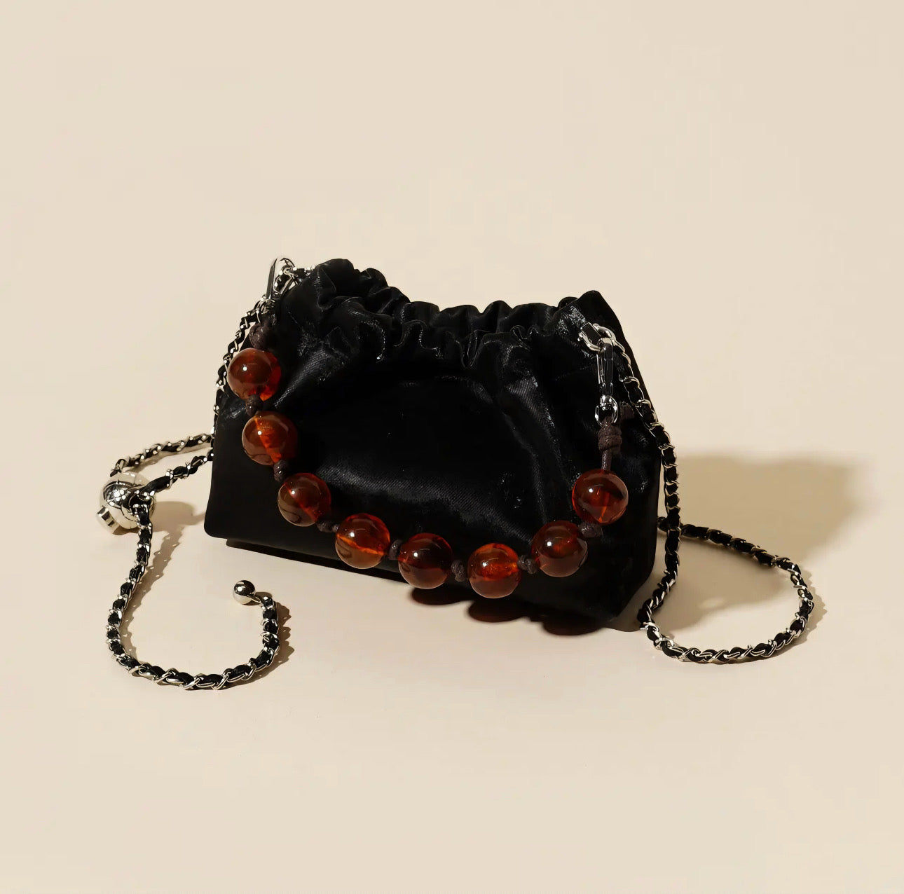Wrinkled Leather Pearl Chain Sling